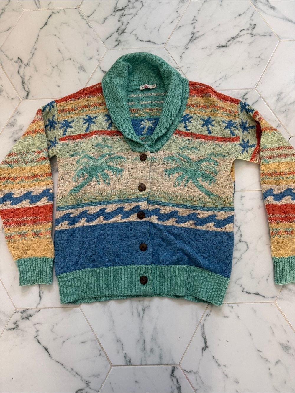 Feathery Shawl Collar Beach Pattern Cardigan Sweater - Small